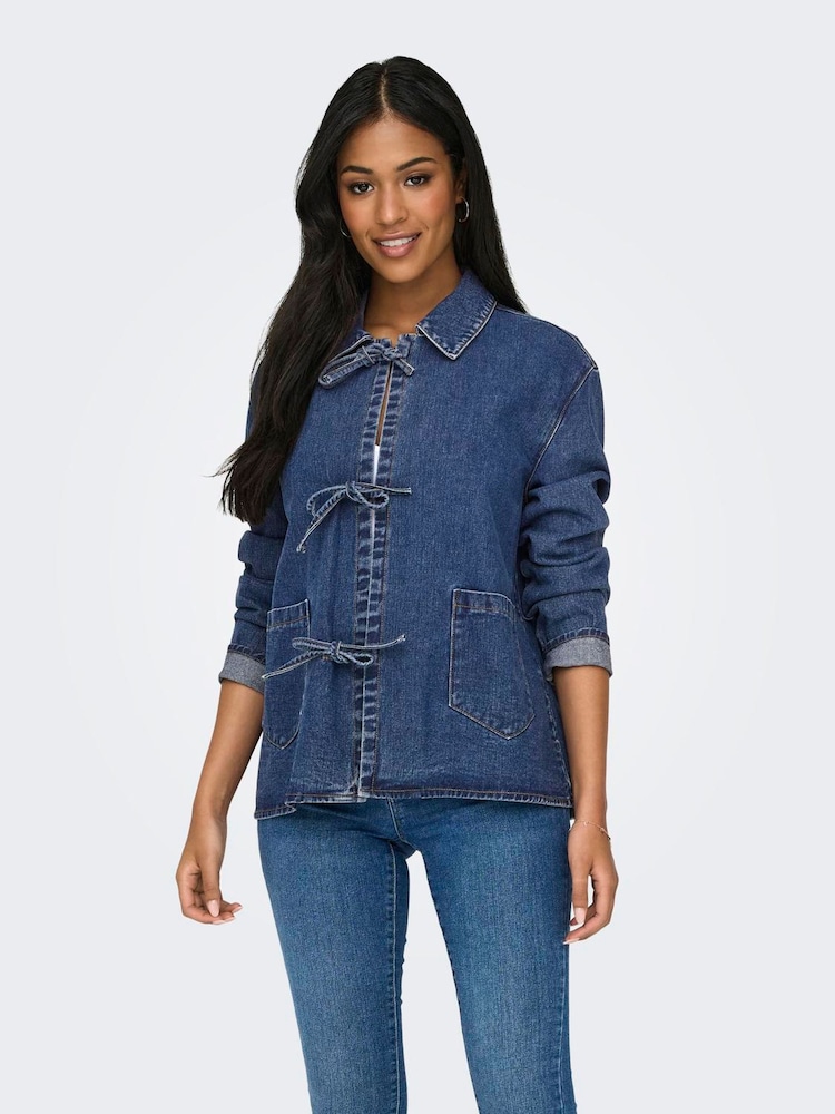 ONLY Blue 100% Cotton Tie Front Bow Denim Jacket - Image 2 of 7
