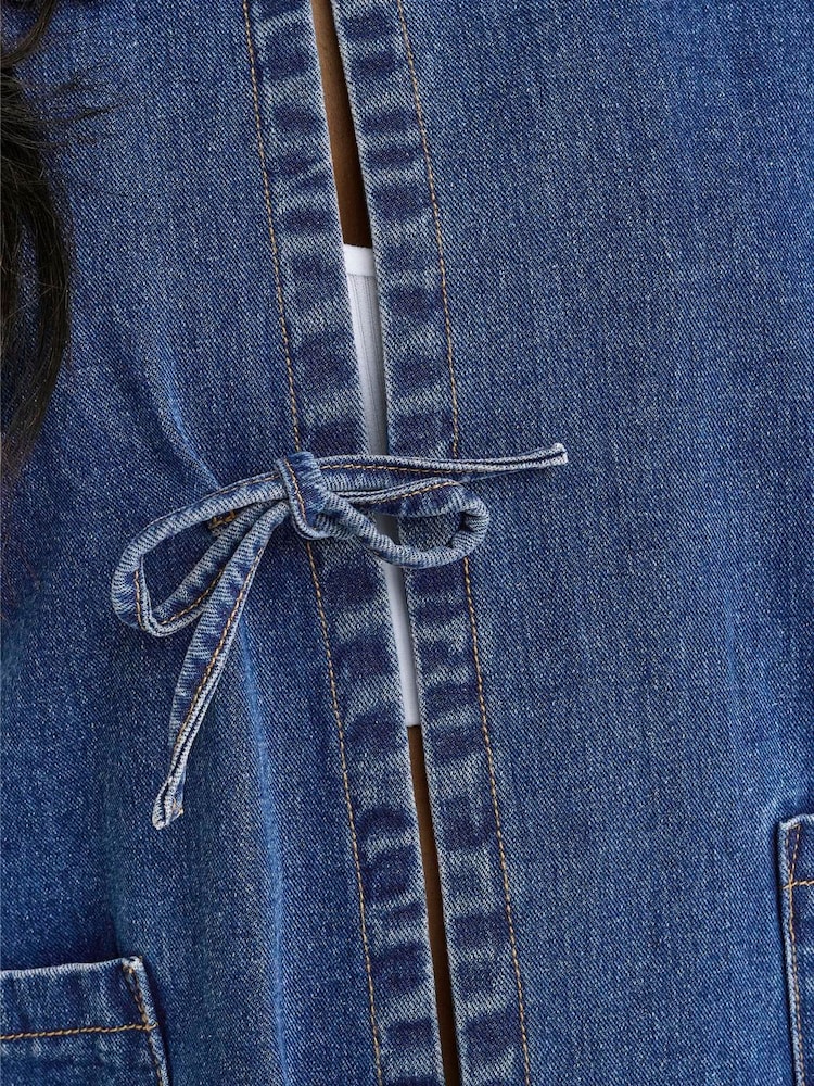 ONLY Blue 100% Cotton Tie Front Bow Denim Jacket - Image 7 of 7 ONLY Blue 100% Cotton Tie Front Bow Denim Jacket - Image 7 of 7