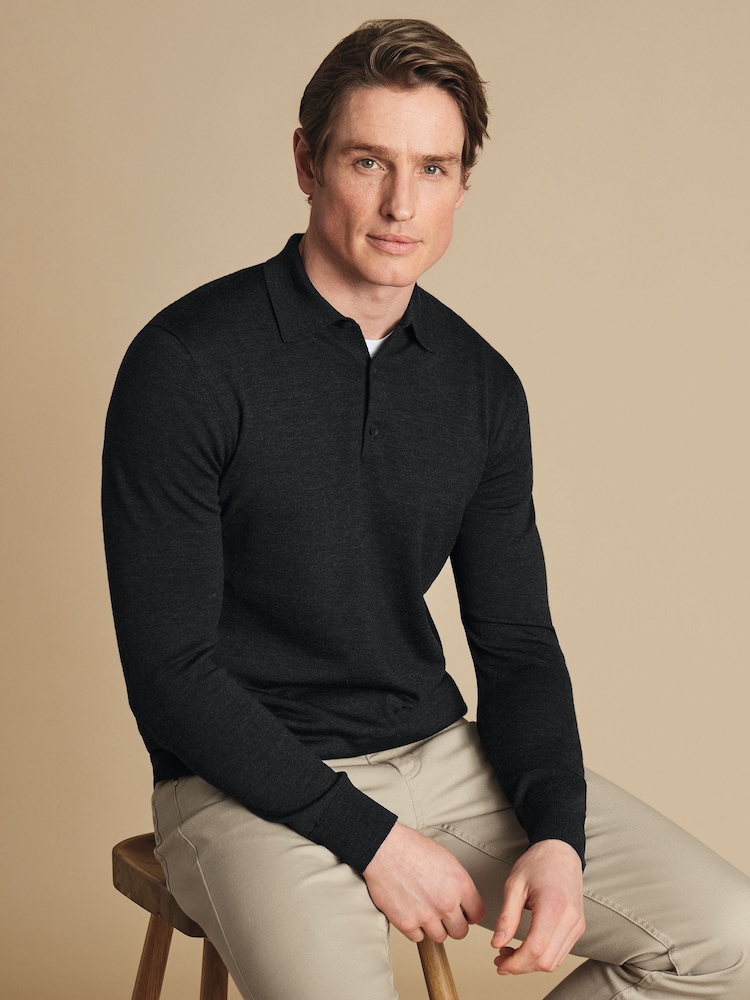 Charles Tyrwhitt Black Merino Button Neck Jumper - Image 1 of 6