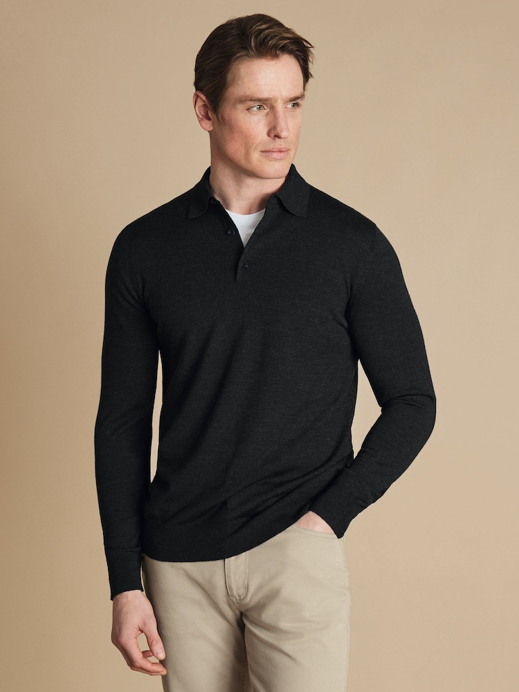 Charles Tyrwhitt Black Merino Button Neck Jumper - Image 2 of 6