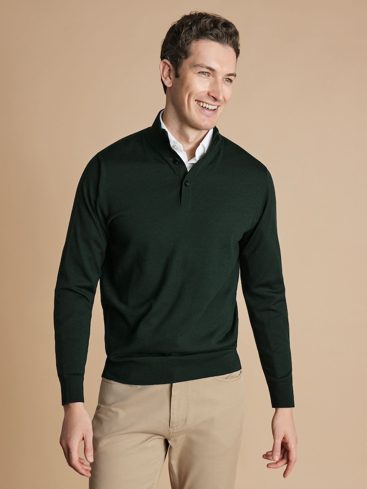 Charles Tyrwhitt Green Merino Button Neck Jumper - Image 1 of 5