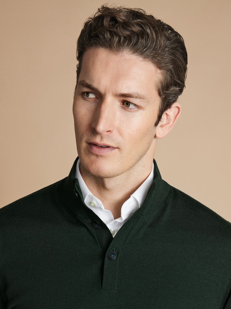 Charles Tyrwhitt Green Merino Button Neck Jumper - Image 2 of 5