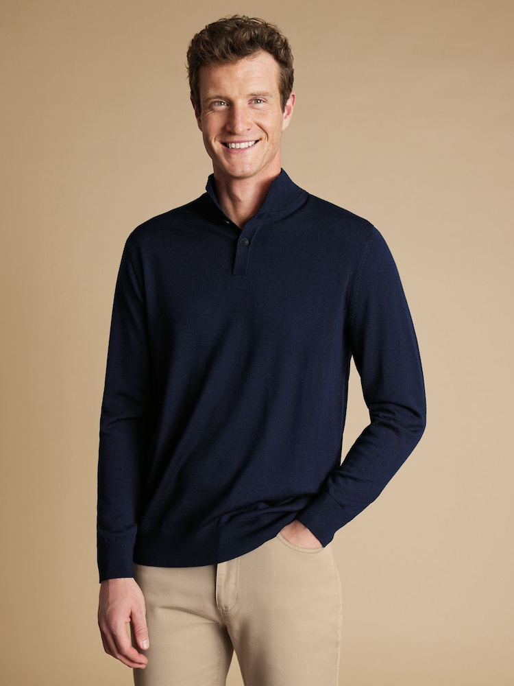 Charles Tyrwhitt Blue Merino Button Neck Jumper - Image 1 of 6