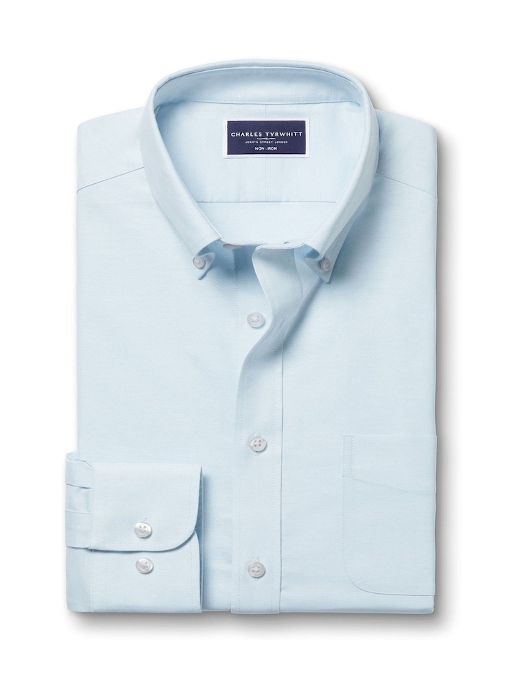 Charles Tyrwhitt Blue Slim Fit Plain Button Down Non Iron Stretch Oxford Shirt - Image 5 of 7
