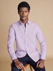 Charles Tyrwhitt Purple Slim Fit Plain Button Down Stretch Washed Oxford 100% Cotton Shirt - Image 2 of 7