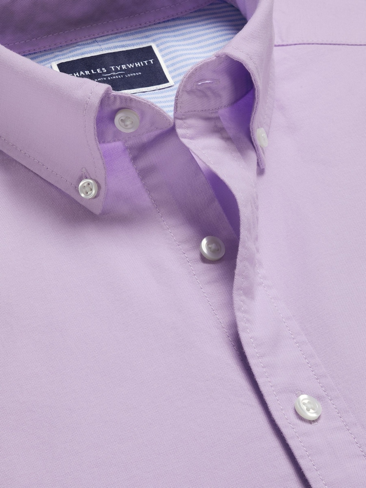 Charles Tyrwhitt Purple Slim Fit Plain Button Down Stretch Washed Oxford 100% Cotton Shirt - Image 6 of 7
