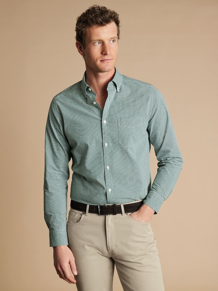 Charles Tyrwhitt Green Check SF Soft Washed Non Iron Stretch Poplin 100% Cotton Shirt With Pocket - Image 1 of 7
