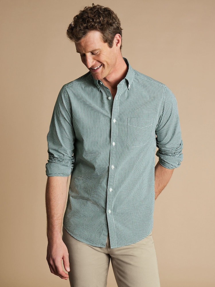Charles Tyrwhitt Green Check SF Soft Washed Non Iron Stretch Poplin 100% Cotton Shirt With Pocket - Image 2 of 7