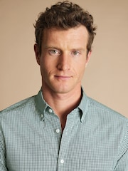 Charles Tyrwhitt Green Check SF Soft Washed Non Iron Stretch Poplin 100% Cotton Shirt With Pocket - Image 3 of 7