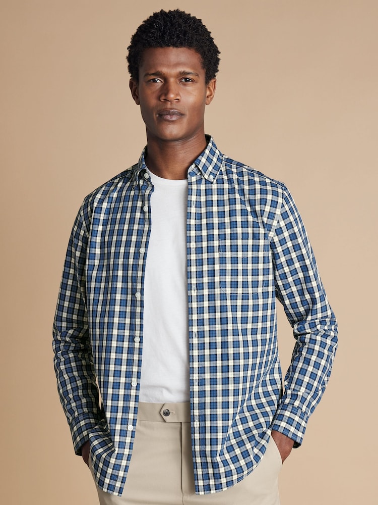 Charles Tyrwhitt Blue Check SF Soft Washed Non Iron Stretch Poplin 100% Cotton Shirt With Pocket - Image 1 of 7