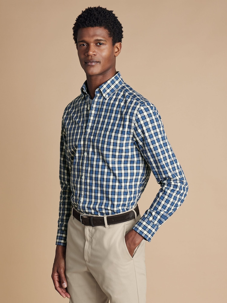Charles Tyrwhitt Blue Check SF Soft Washed Non Iron Stretch Poplin 100% Cotton Shirt With Pocket - Image 2 of 7