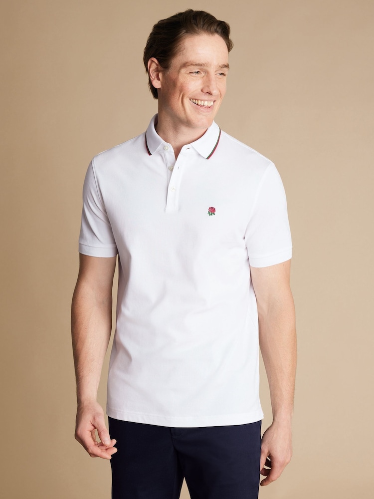Charles Tyrwhitt White RFU Collar Detail Short Sleeve Pique Polo Shirt - Image 1 of 6