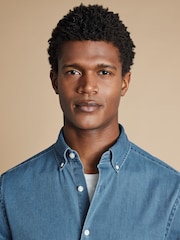 Charles Tyrwhitt Blue Slim Fit Plain 100% Cotton Denim Shirt - Image 4 of 7