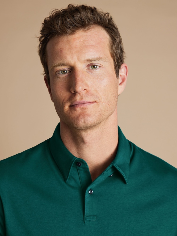 Charles Tyrwhitt Green Plain Short Sleeve Jersey 100% Cotton Polo Shirt - Image 2 of 5