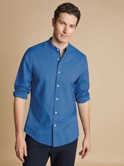 Charles Tyrwhitt Blue Plain Slim Fit Stretch Washed Oxford Collarless 100% Cotton Shirt - Image 1 of 7
