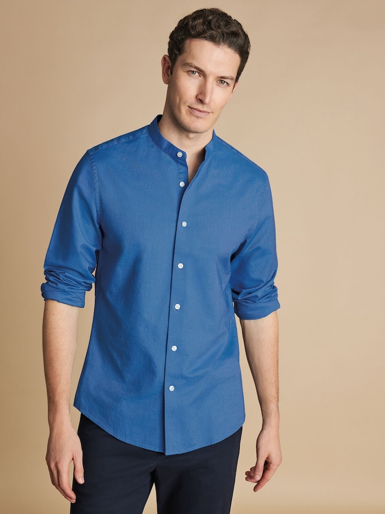 Charles Tyrwhitt Blue Plain Slim Fit Stretch Washed Oxford Collarless 100% Cotton Shirt - Image 1 of 7