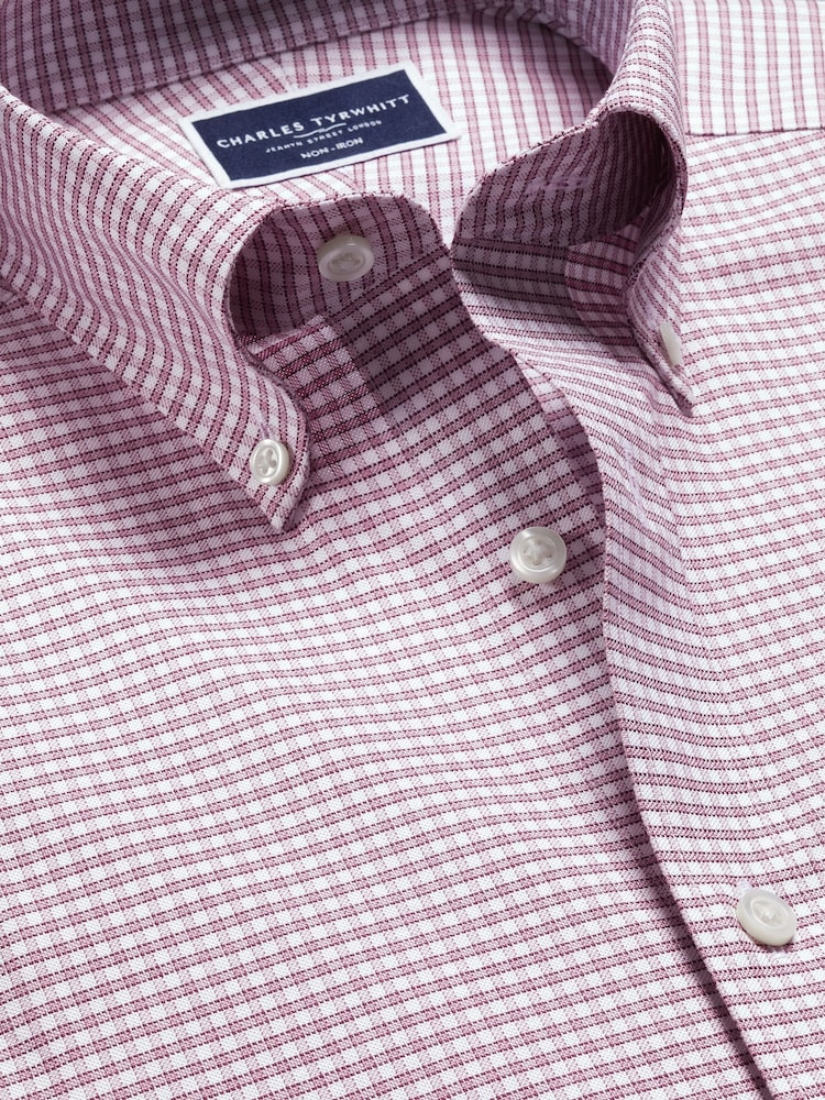 Charles Tyrwhitt Red Check Slim Fit Button-Down Non-iron Stretch Oxford Shirt - Image 6 of 6