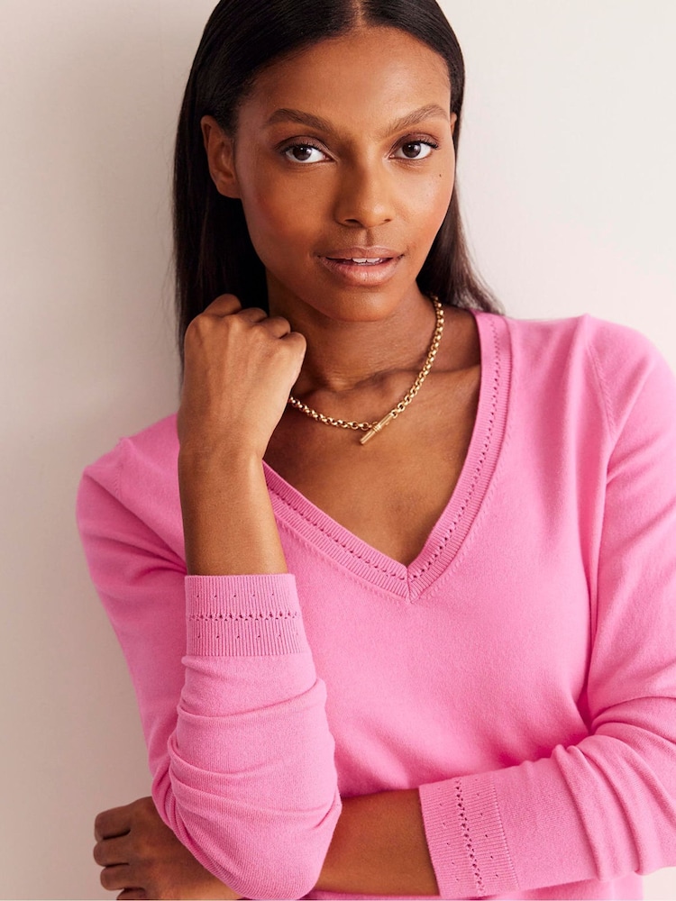 Boden Pink V-Neck Catriona Cotton Jumper - Image 1 of 3