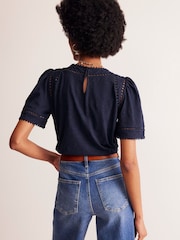 Boden Blue 100% Cotton Mila Trim Detail Top - Image 3 of 5