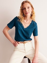 Boden Blue Regular V-Neck Slub 100% Cotton T-Shirt - Image 1 of 5