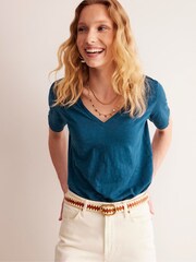Boden Blue Regular V-Neck Slub 100% Cotton T-Shirt - Image 4 of 5