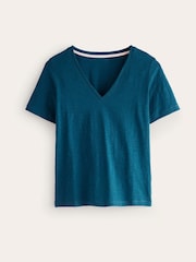 Boden Blue Regular V-Neck Slub 100% Cotton T-Shirt - Image 5 of 5