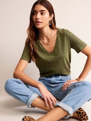 Boden Green Regular V-Neck Slub 100% Cotton T-Shirt - Image 1 of 5