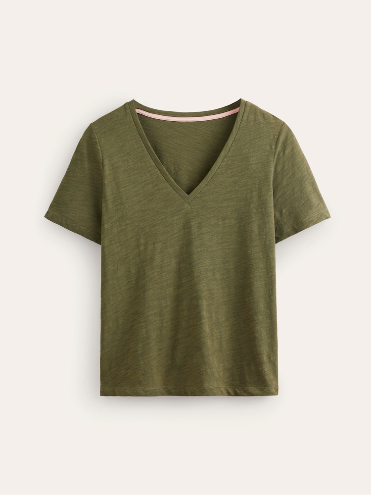 Boden Green Regular V-Neck Slub 100% Cotton T-Shirt - Image 5 of 5
