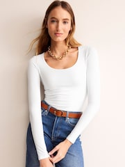 Boden White Double Layer Scoop Long Sleeve T-Shirt - Image 1 of 5