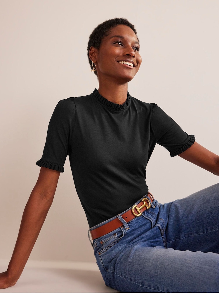 Boden Black Supersoft Frill Detail T-Shirt - Image 1 of 5