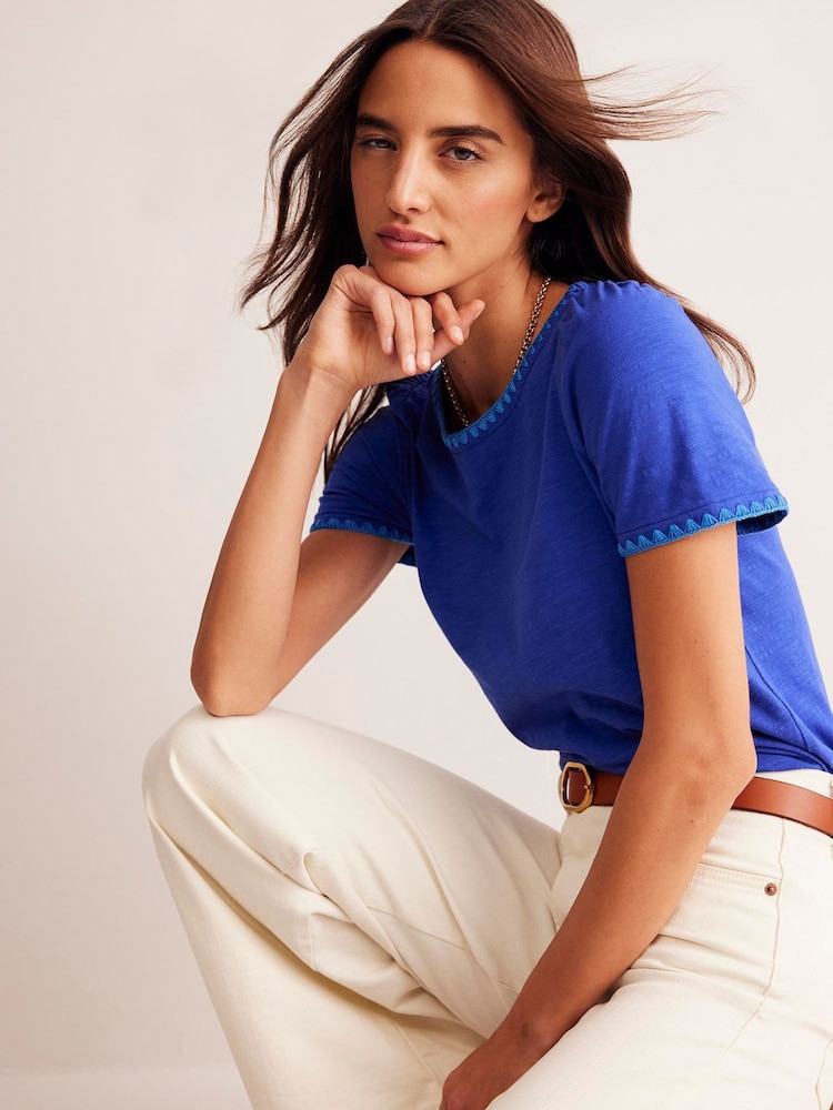 Boden Blue Ali Crochet 100% Cotton T-Shirt - Image 1 of 5 Boden Blue Ali Crochet 100% Cotton T-Shirt - Image 1 of 5