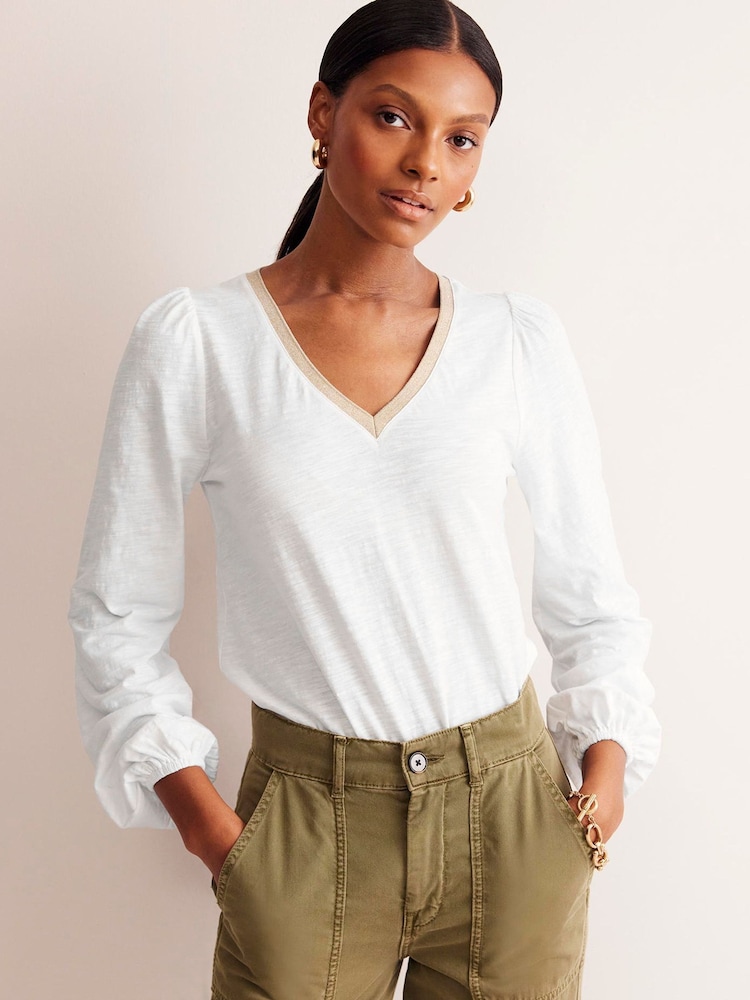 Boden White Metallic Trim 100% Cotton Long Sleeve Top - Image 1 of 5