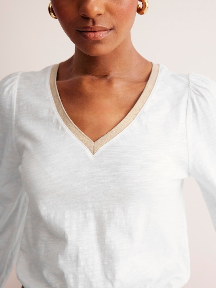 Boden White Metallic Trim 100% Cotton Long Sleeve Top - Image 2 of 5