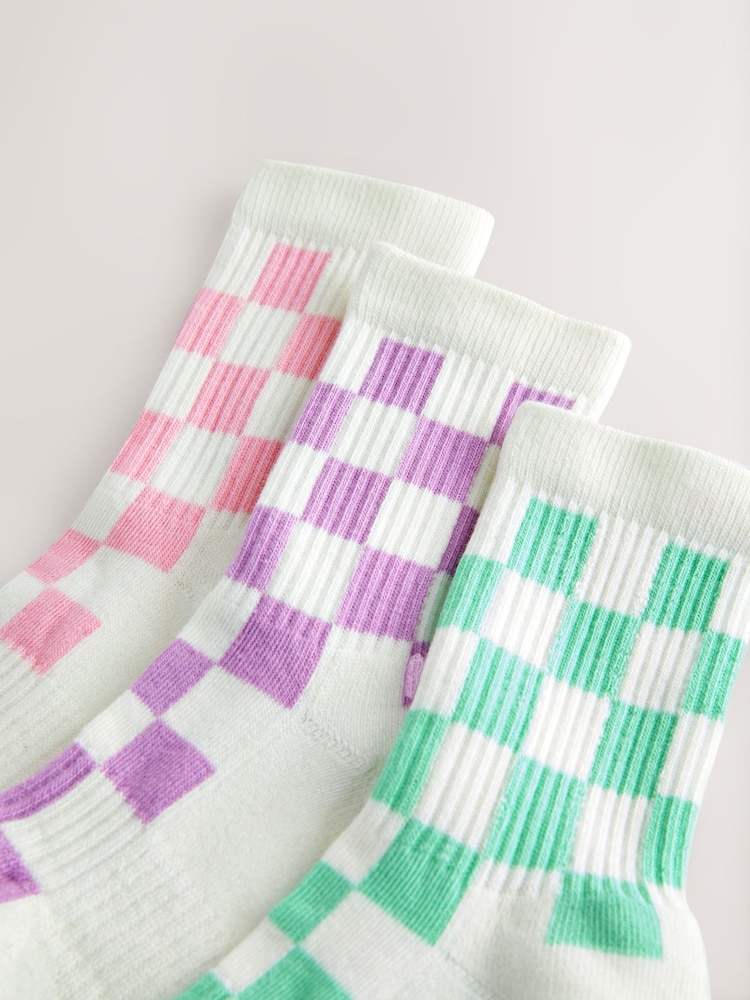 White, Pink, Purple and Green 3 Pack Cotton Rich Checkerboard Cushioned Sole Ankle Socks - Image 5 of 6