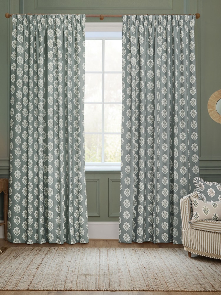 Sanderson Delph Blue Sessile Leaf Printed Pencil Pleat Curtains - Image 1 of 4