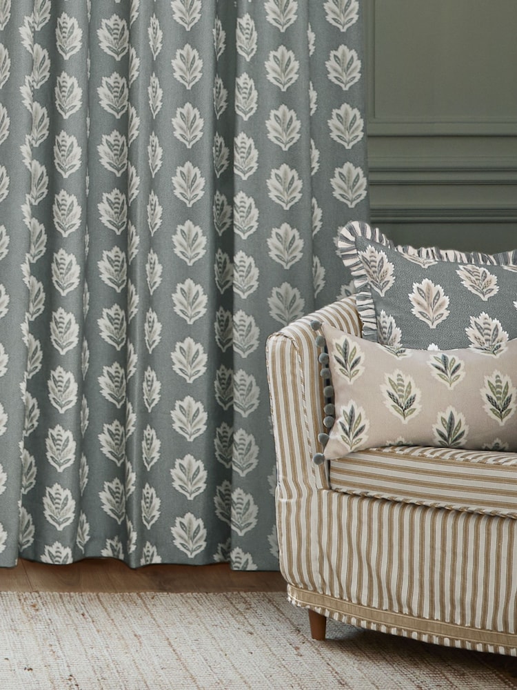 Sanderson Delph Blue Sessile Leaf Printed Pencil Pleat Curtains - Image 2 of 4