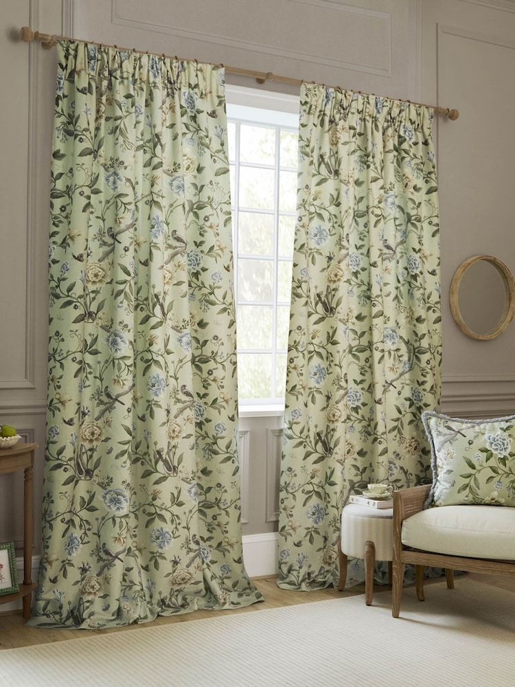 Sanderson Sage Porcelain Garden Matt Velvet Pencil Pleat Curtains - Image 1 of 5