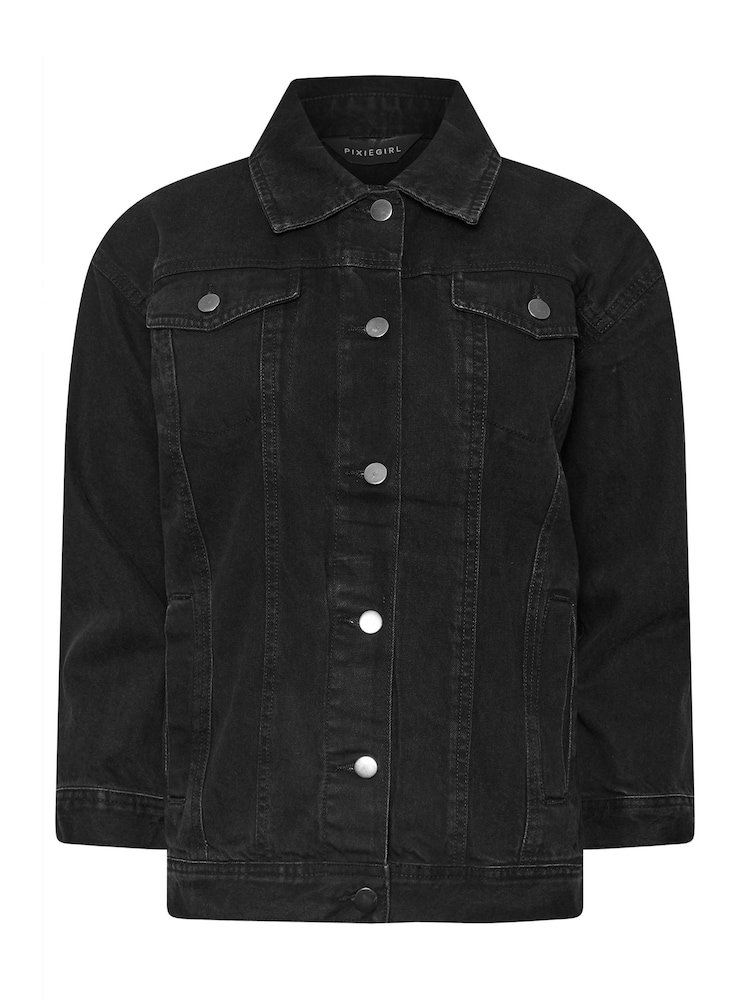 PixieGirl Petite Black Oversized Washed Denim 100% Cotton Jacket - Image 5 of 5