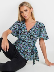 M&Co Black Petite Ditsy Wrap Tie Front Blouse - Image 1 of 5