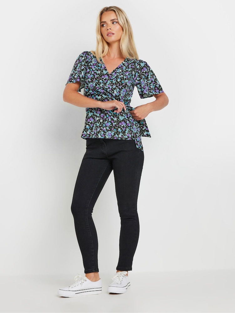 M&Co Black Petite Ditsy Wrap Tie Front Blouse - Image 2 of 5