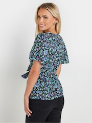 M&Co Black Petite Ditsy Wrap Tie Front Blouse - Image 3 of 5