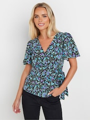 M&Co Black Petite Ditsy Wrap Tie Front Blouse - Image 4 of 5