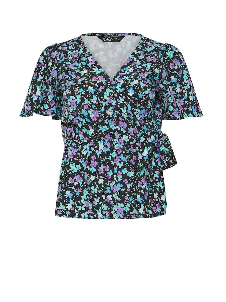 M&Co Black Petite Ditsy Wrap Tie Front Blouse - Image 5 of 5