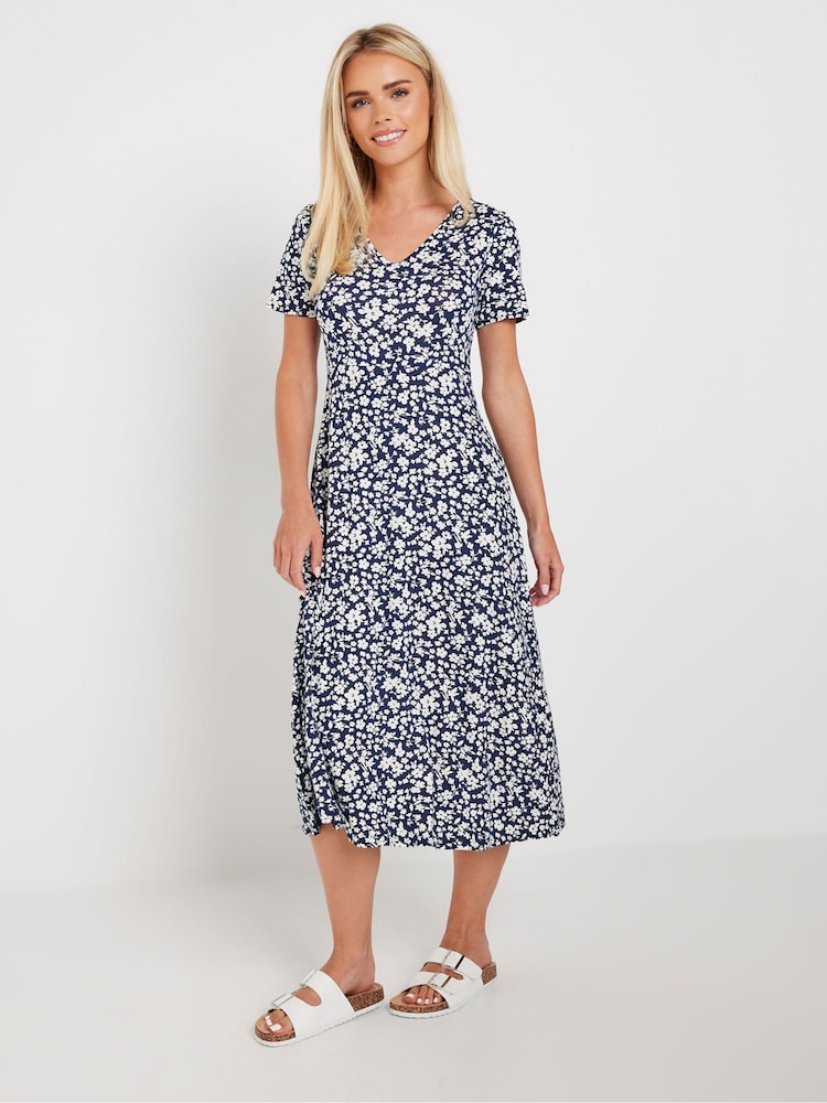 M&Co Blue Petite Ditsy V-Neck Midi Dress - Image 2 of 5