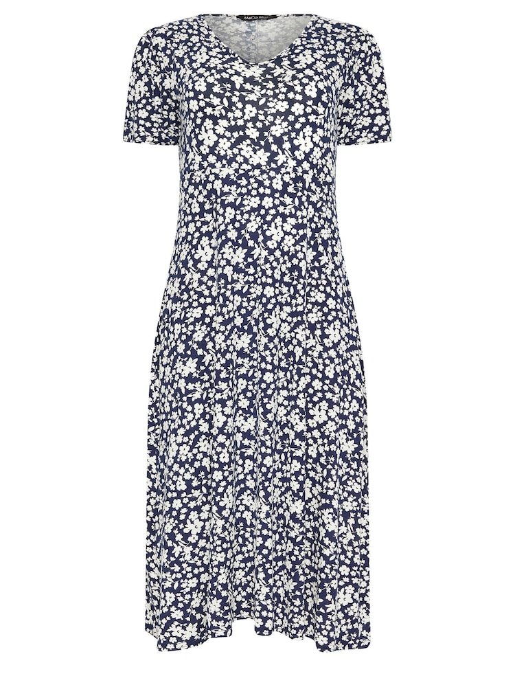 M&Co Blue Petite Ditsy V-Neck Midi Dress - Image 5 of 5