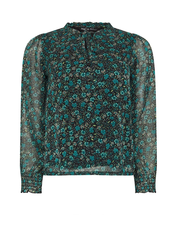 M&Co Blue Petite Floral Print Long Sleeve Blouse - Image 5 of 5