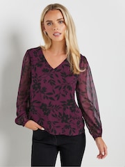 M&Co Red Petite Floral Print Long Sleeve Blouse - Image 2 of 5