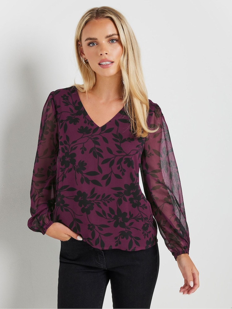 M&Co Red Petite Floral Print Long Sleeve Blouse - Image 2 of 5