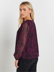M&Co Red Petite Floral Print Long Sleeve Blouse - Image 4 of 5