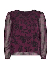 M&Co Red Petite Floral Print Long Sleeve Blouse - Image 5 of 5